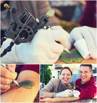 Collage of fotos tattooer showing process of making a tattoo
