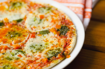 Hot pizza with mozzarella cheese on a plate