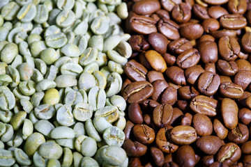 Green and black coffee beans