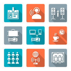 vector flat design white conference theme icons with shadow