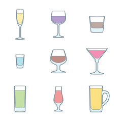 vector colored outline alcohol glasses icon set