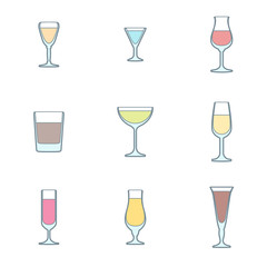 vector colored outline alcohol glasses icon set