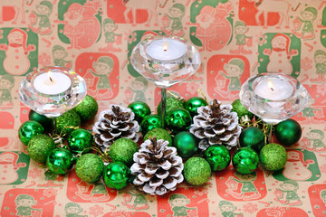 Christmas New Year Decoration With Cadnles Green Balls and Cones