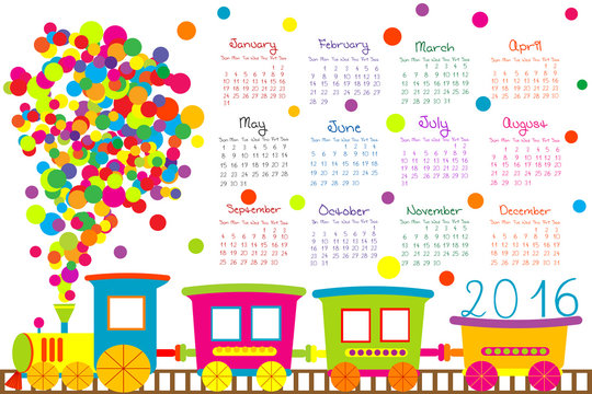 2016 calendar with cartoon train for kids