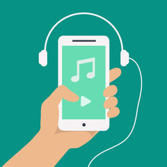 Vector hand and smartphone with music player app