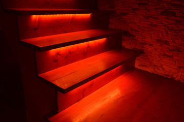 Illuminated wooden stairs