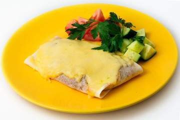 the pancakes with meat and garnish on the white background