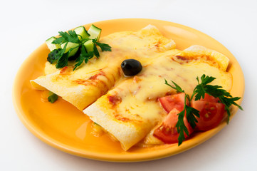 the pancakes with meat and garnish on the white background