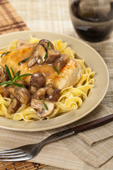 Chicken Marsala with Mushrooms and pasta. Selective focus