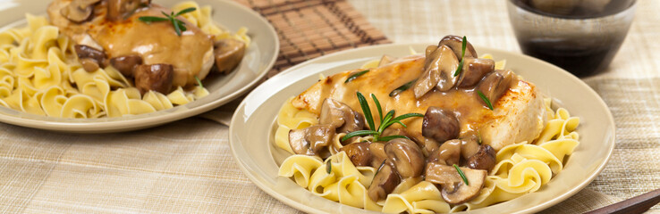 Chicken Marsala with Mushrooms and pasta. Selective focus