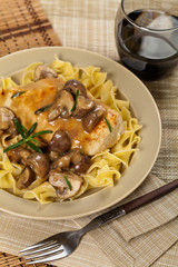 Chicken breast with Mushrooms and Pasta. Selective focus.