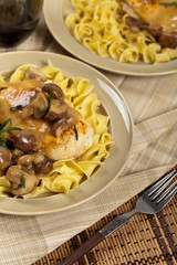 Chicken breast with Mushrooms and Pasta. Selective focus.