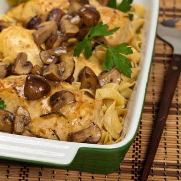 Chicken Marsala with Mushrooms and pasta. Selective focus.