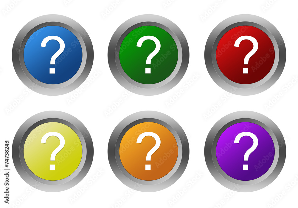 Poster set of rounded colorful buttons with question mark symbol