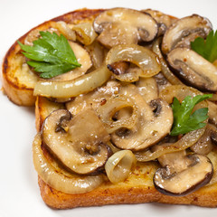 French Toast with mushrooms and onions. Selective focus.