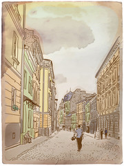 Antique European street. Vintage post card.