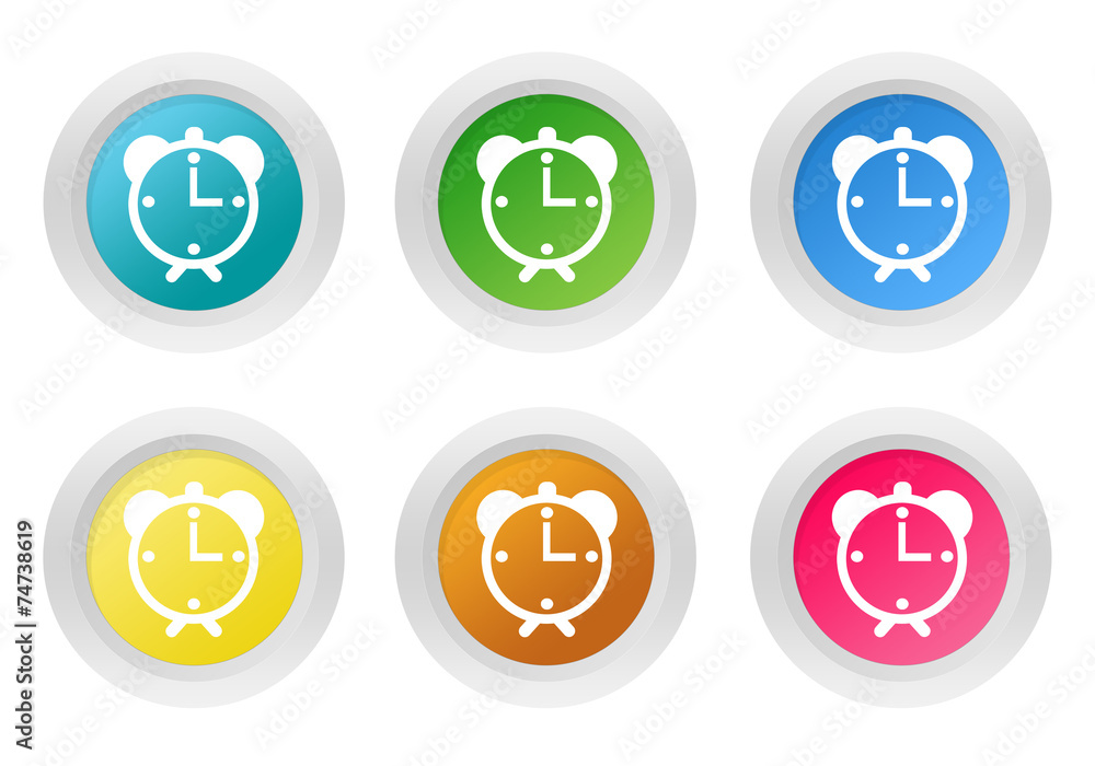 Poster set of rounded colorful buttons with alarm clock symbol