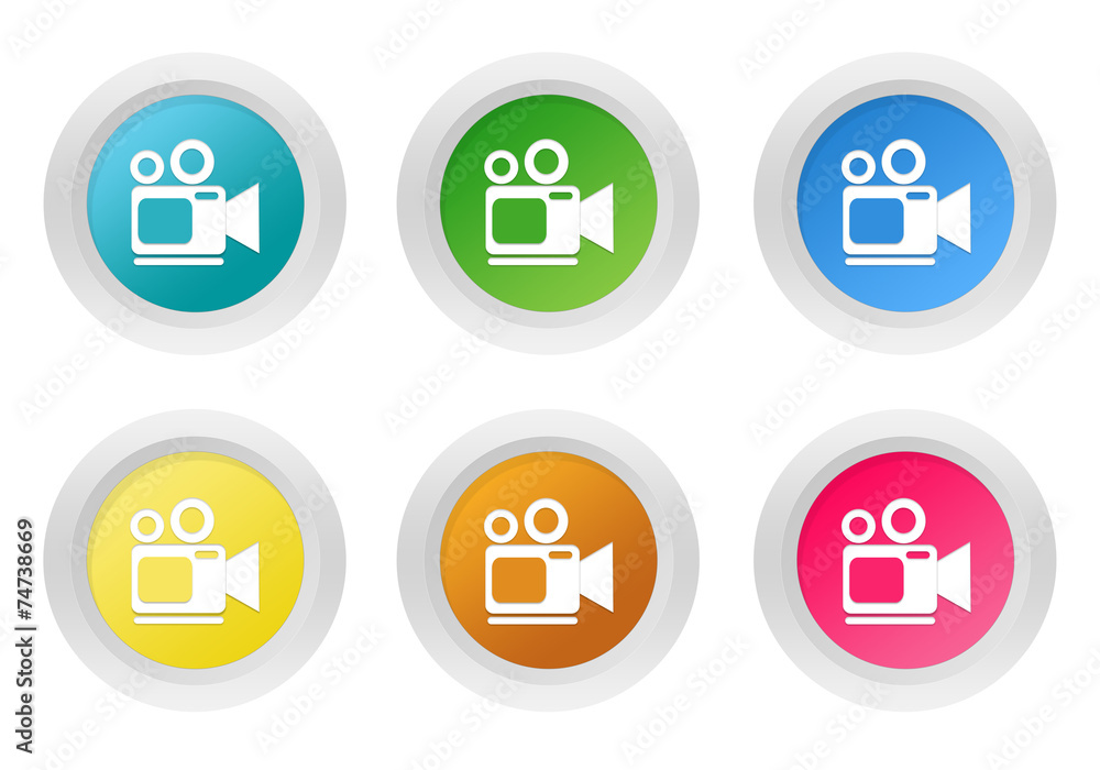 Poster set of rounded colorful buttons with camcorder symbol