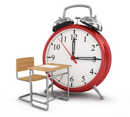 alarm clock with school desk. School time concept.