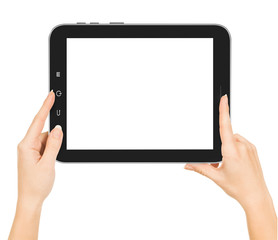 hands holding tablet pc with white screen