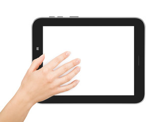 female hand using tablet pc with white screen, isolated