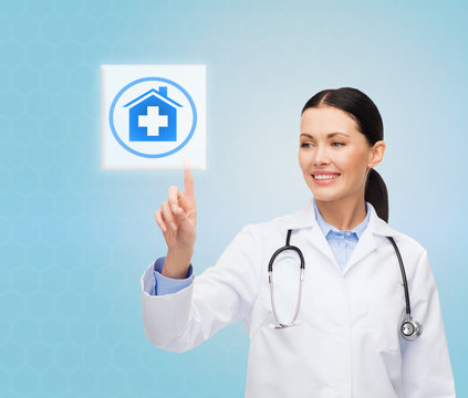 smiling doctor or nurse pointing to pills icon