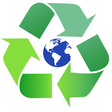 Green, shiny recycling symbol. White background