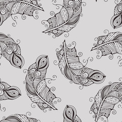 Vector seamless pattern with hand-drawn feathers