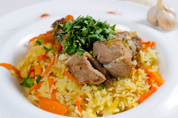 Savory saffron rice with meat and vegetables