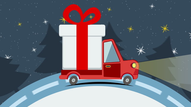Christmas animated greeting card with gift delivery van