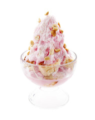 Shaved ice and bread with red syrup and sweet milk