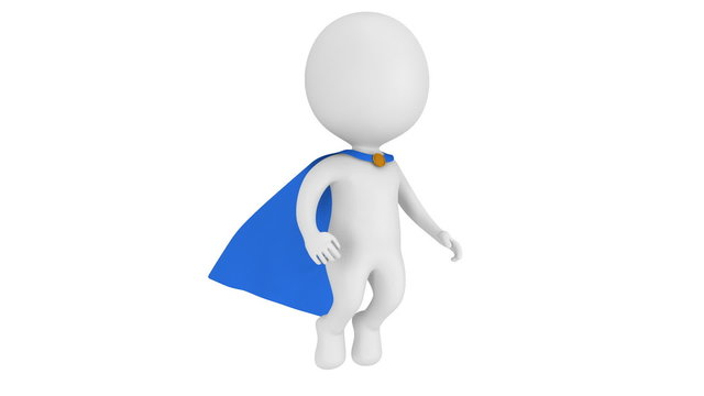 Man brave superhero with blue cloak levitate above