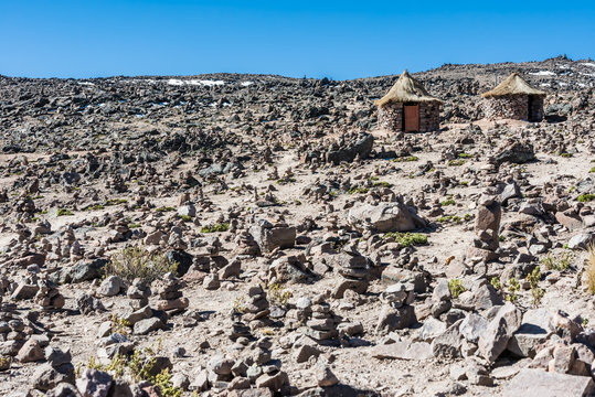 group of apachetas in the peruvian Andes at Arequipa Peru