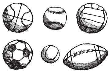 Ball-Skizze-Set mit Schatten auf weißem Hintergrund