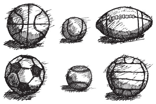 Ball sketch set with shadow isolated on white background