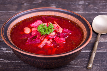 Ukrainian and russian national vegetable soup - red borsch