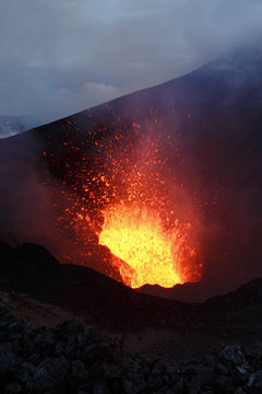 Eruption: fountain lava from volcano. Kamchatka