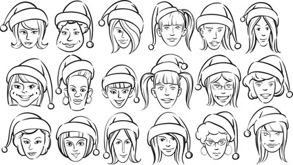 whiteboard drawing - funny women faces with santa hats