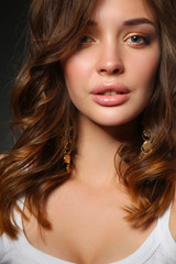 Obraz premium Close up portrait of beautiful young woman face. Isolated on