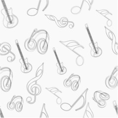 Seamless pattern with musical notes and instrument.