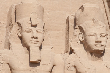 Sculptures of King Ramses II and queen Nefertari in Abu Simbel