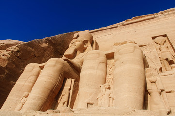Sculptures of King Ramses II and queen Nefertari in Abu Simbel T