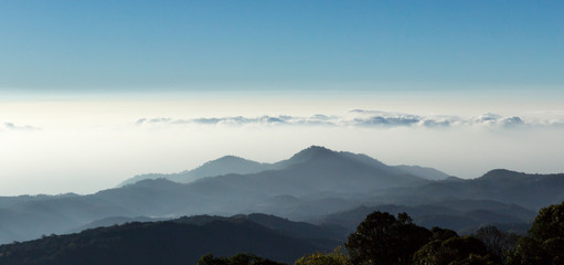 Nature on mountain peaks with mist overlay