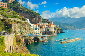 Panoramic view of Amalfi and harbor,Italy,Europe