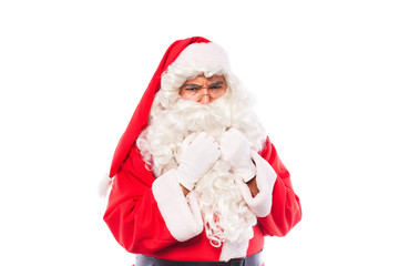 santa claus with glasses and white gloves on white, with copy sp