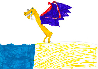 Fototapeta premium Hunting dinosaur/dragon with the fish in chaps. Child drawing.