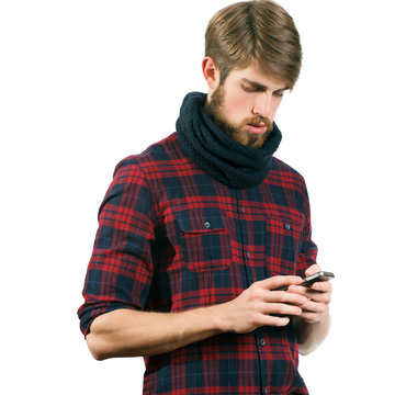Young bearded man with mobile phone
