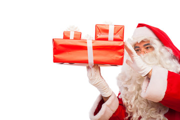santa claus with gifts isolated on white, with copy space