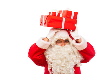 santa claus with gifts isolated on white, with copy space