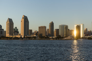 Fototapeta na wymiar Downtown San Diego from Coronad0 with Sunset Reflection